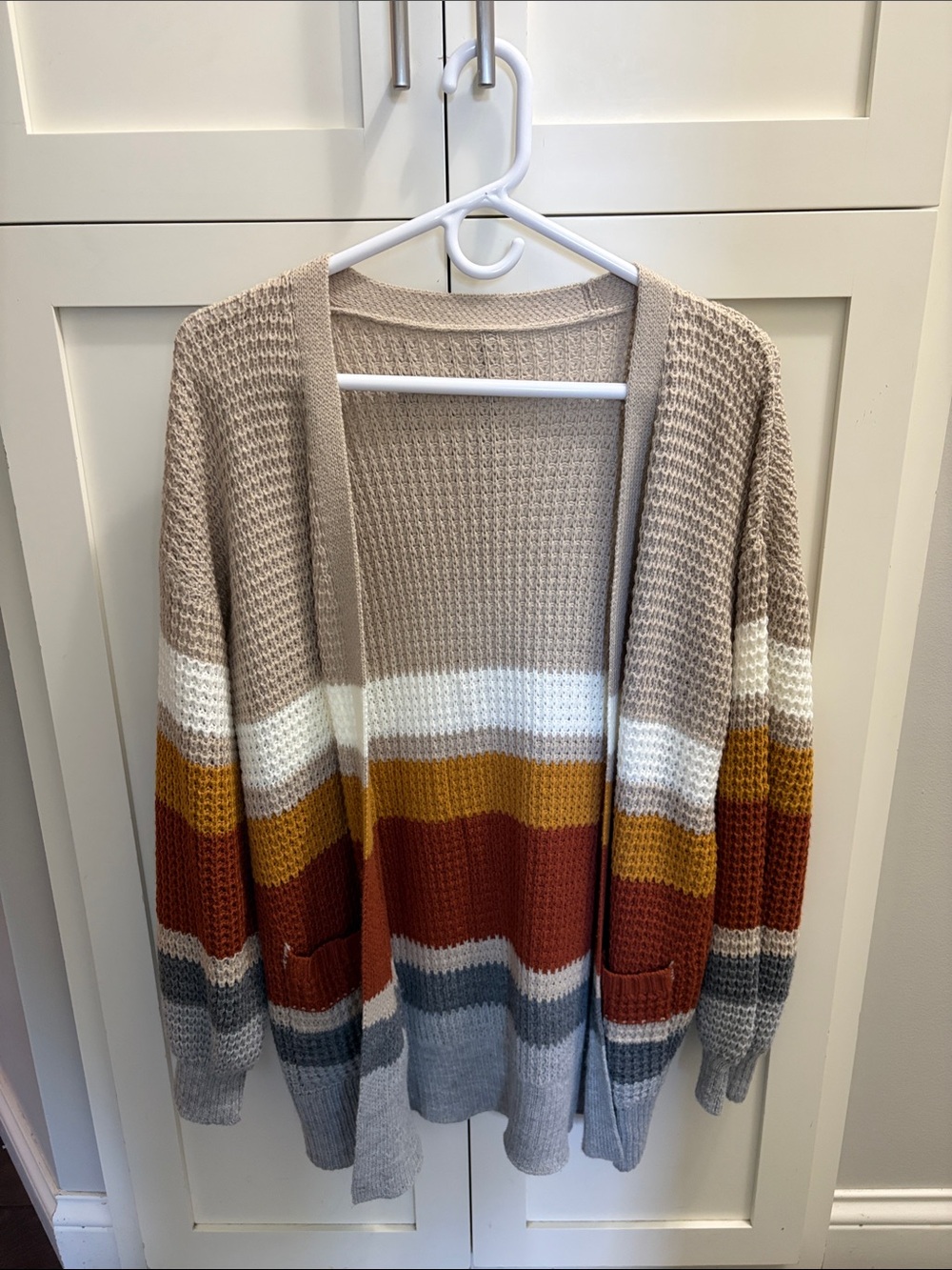 Cozy Striped Open-Front Women's Cardigan - Beige/Mustard/Rust